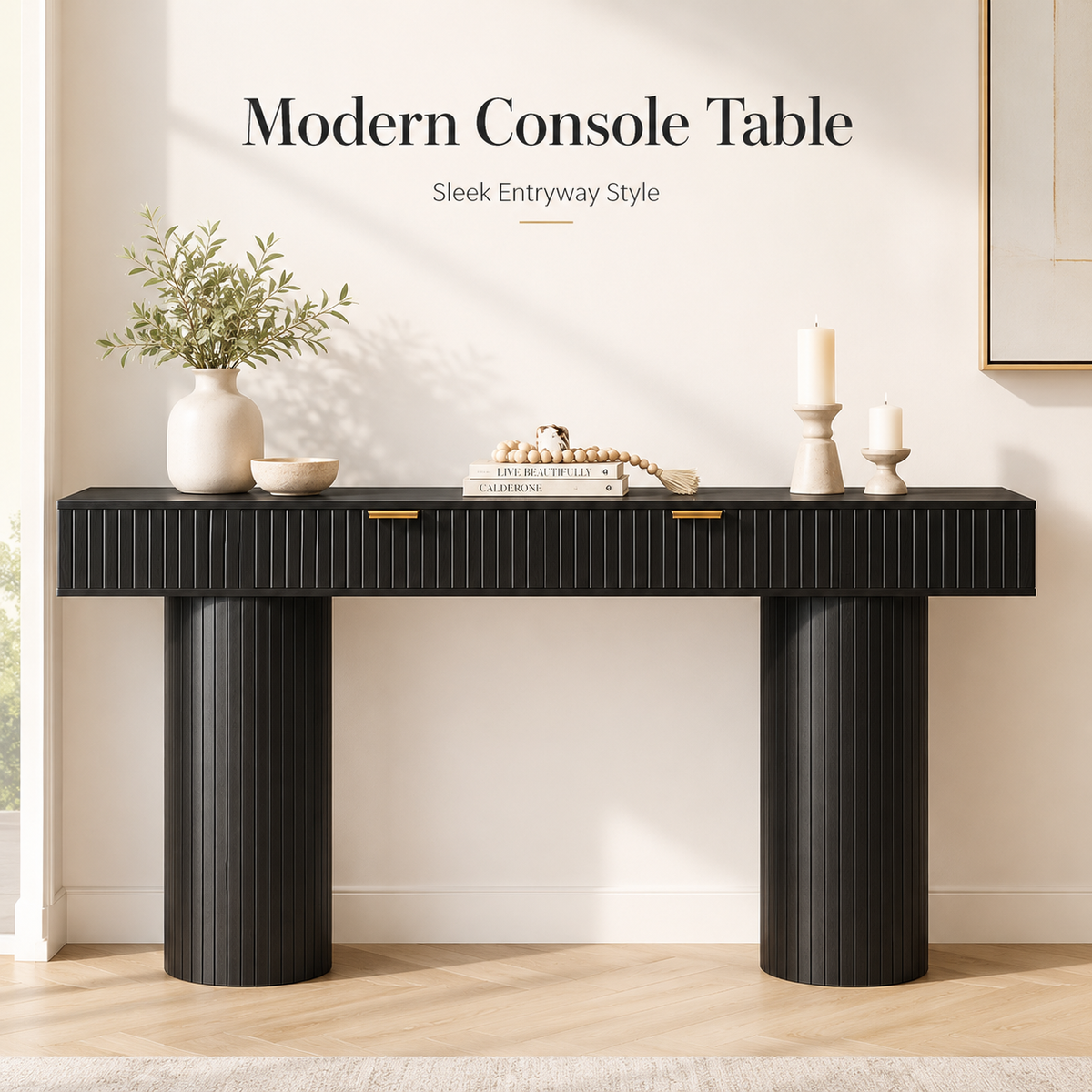 63 Inch Black Console Table with Drawers, Modern Fluted Entryway Table, Long Narrow Sofa Table for Hallway Living Room, Sturdy Cylindrical Legs, 220 lbs Capacity