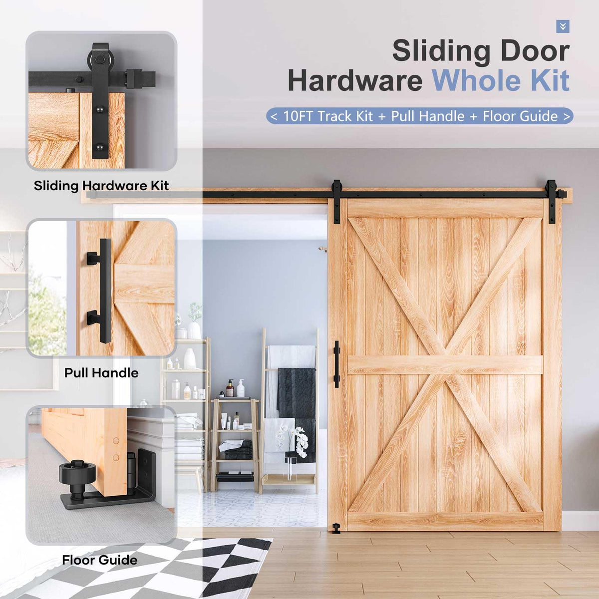 EaseLife Sliding Barn Door Hardware Track Kit with 12'' Handle & Floor Guide