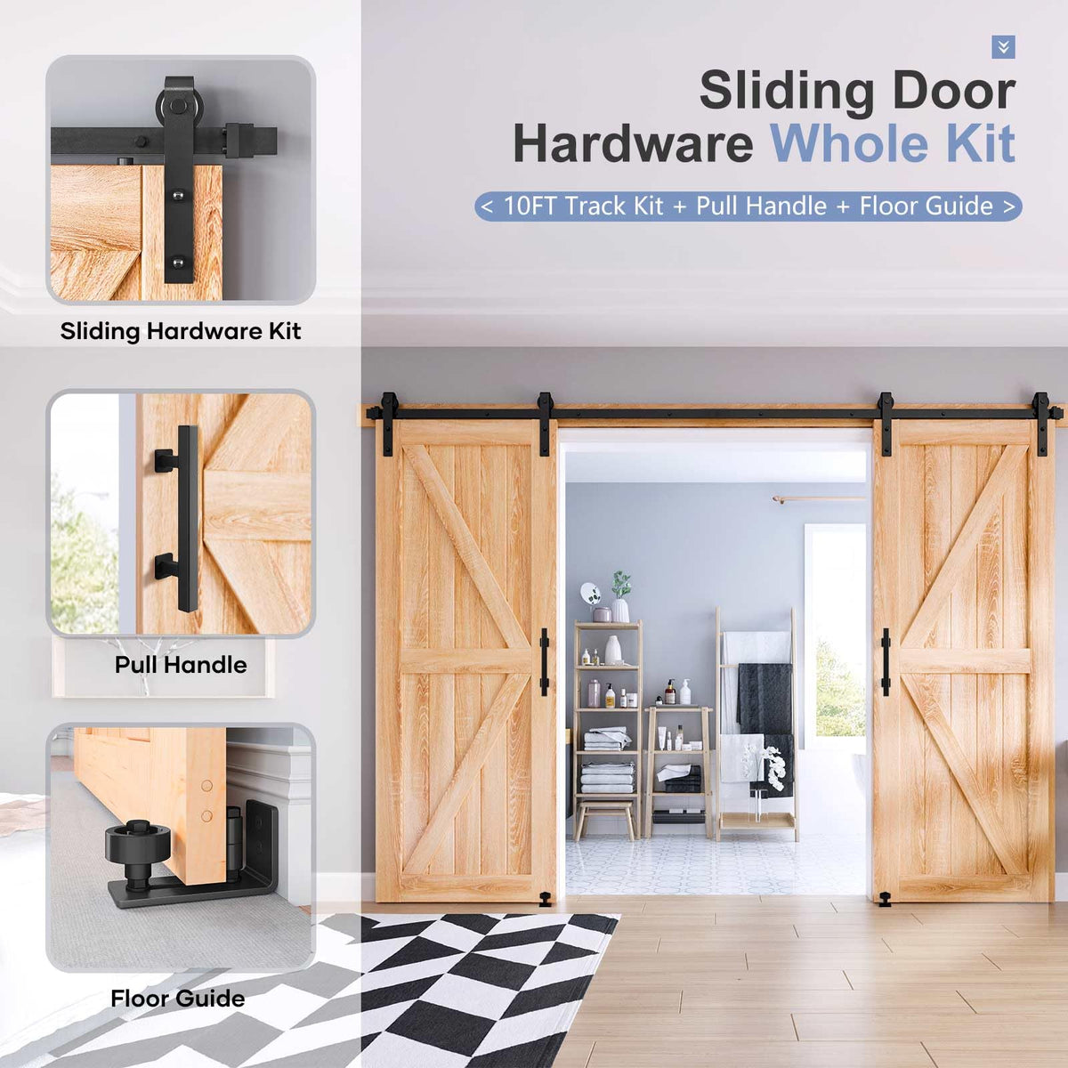 EaseLife Sliding Barn Door Hardware Track Kit with 12'' Handle & Floor Guide