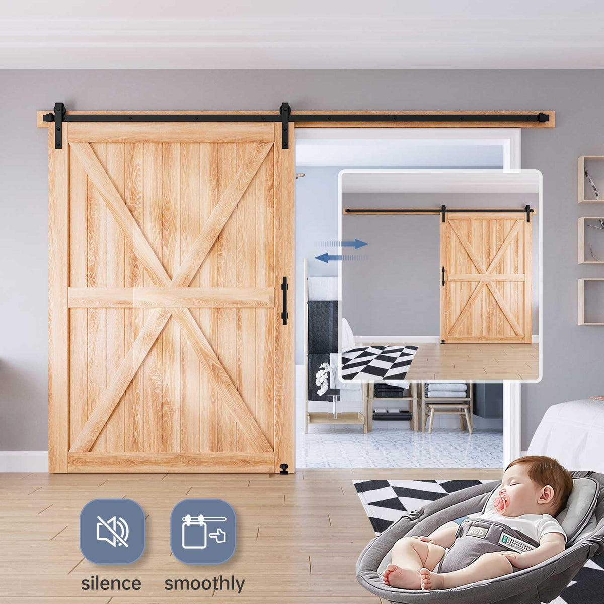 EaseLife Sliding Barn Door Hardware Track Kit with 12'' Handle & Floor Guide
