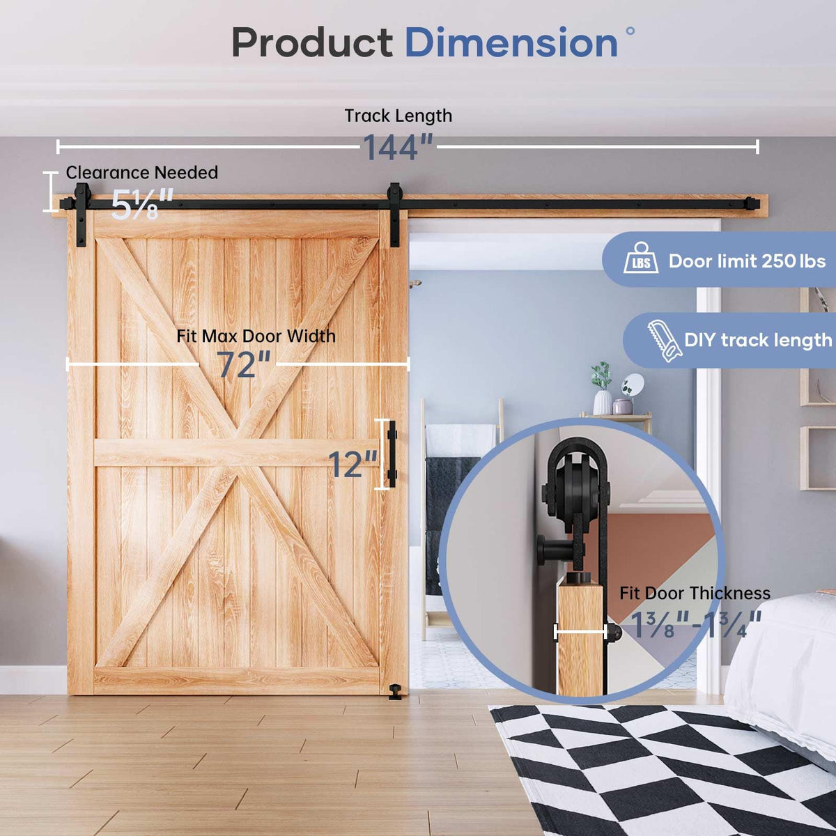 EaseLife Sliding Barn Door Hardware Track Kit with 12'' Handle & Floor Guide