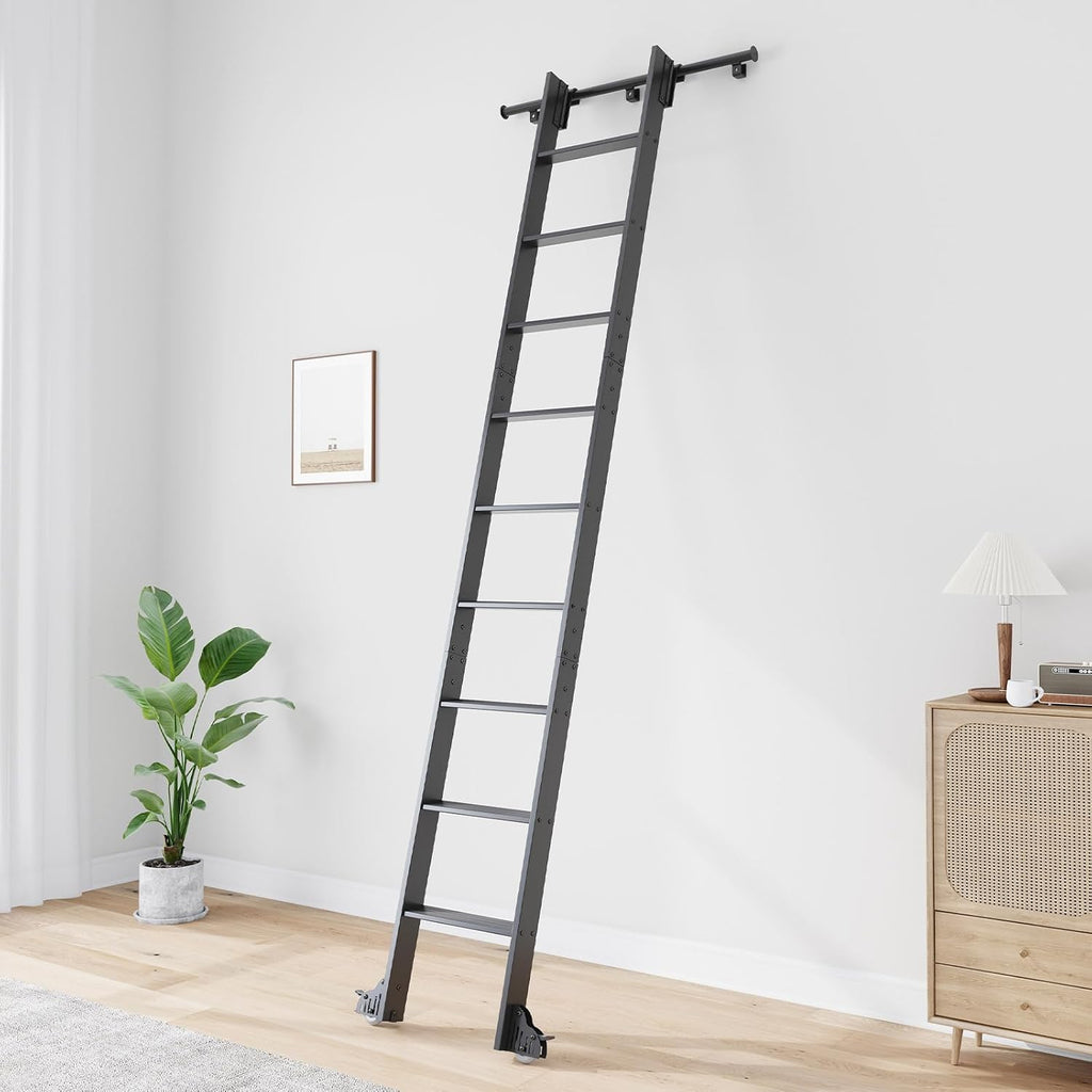 10FT Rolling Library Aluminium Step Ladder 120" with 4FT Sliding Hardware Track Kit Bottom Wheel Included,for Kitchen,Loft,Warehouses,Bookstore,Atti,Dressing Room,Metal Black