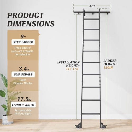 10FT Rolling Library Aluminium Step Ladder 120" with 4FT Sliding Hardware Track Kit Bottom Wheel Included,for Kitchen,Loft,Warehouses,Bookstore,Atti,Dressing Room,Metal Black