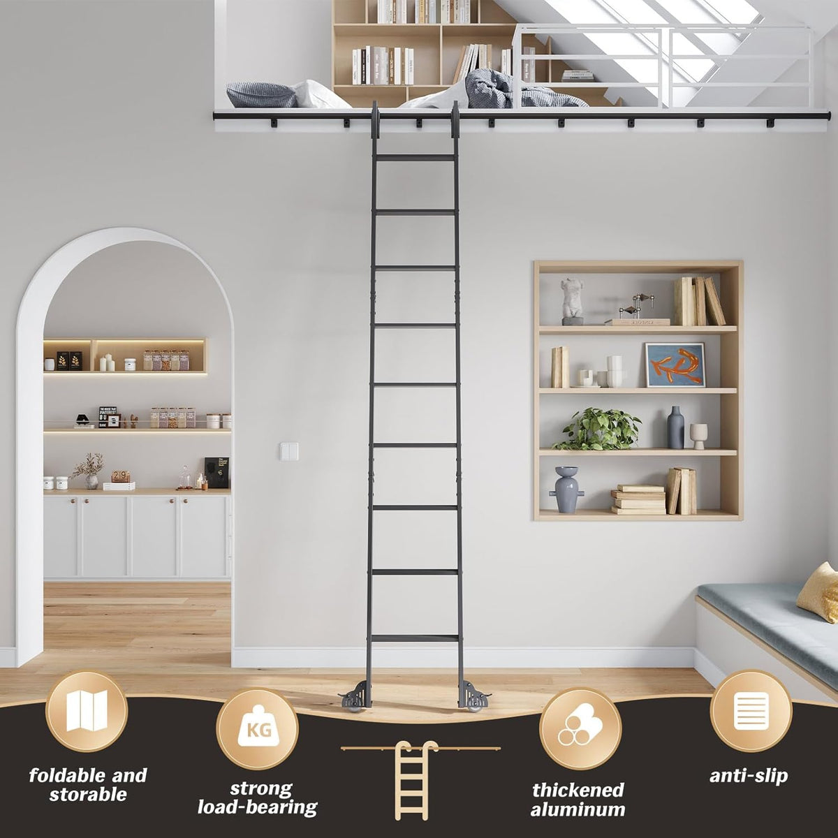 10FT Rolling Library Aluminium Step Ladder 120" with 4FT Sliding Hardware Track Kit Bottom Wheel Included,for Kitchen,Loft,Warehouses,Bookstore,Atti,Dressing Room,Metal Black