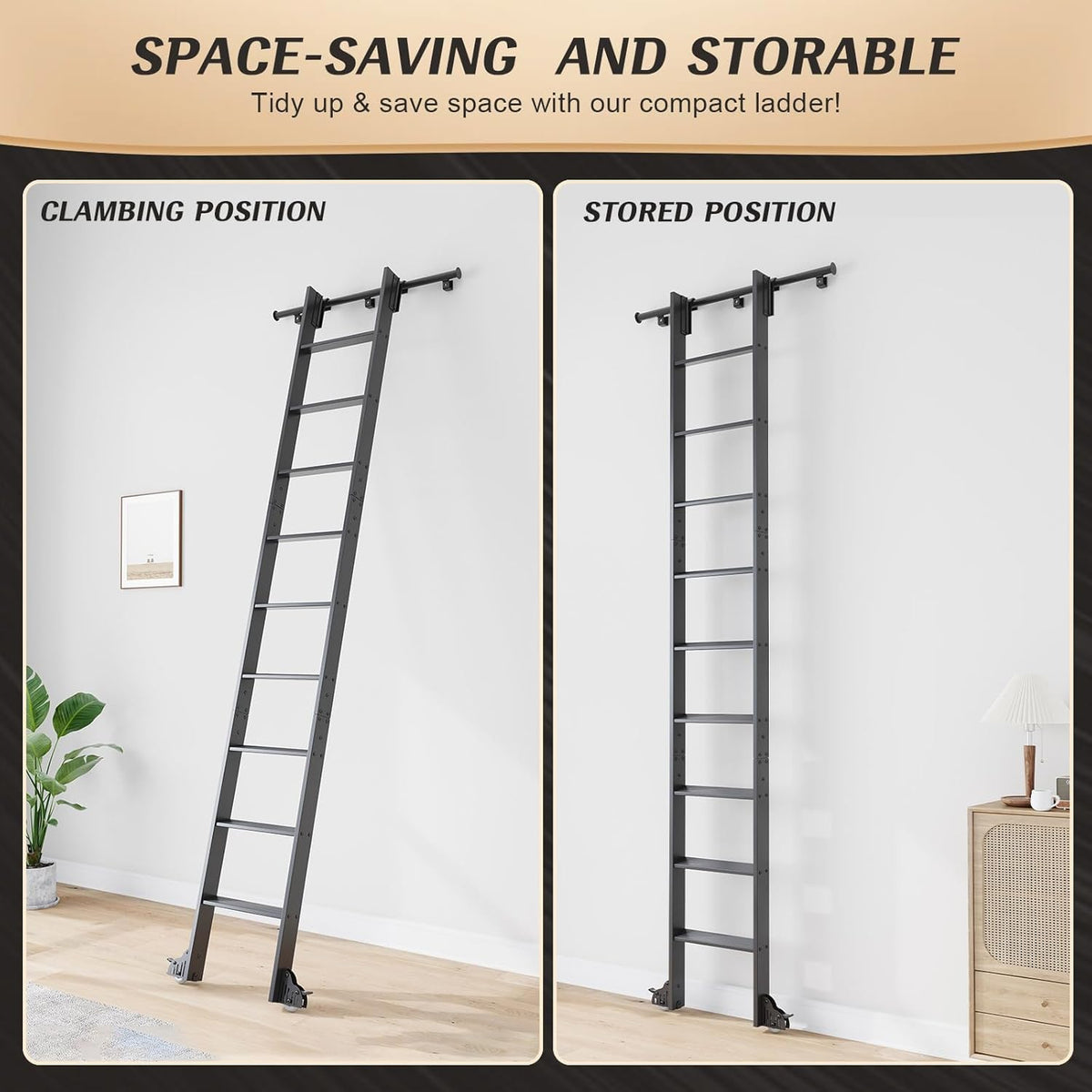 10FT Rolling Library Aluminium Step Ladder 120" with 4FT Sliding Hardware Track Kit Bottom Wheel Included,for Kitchen,Loft,Warehouses,Bookstore,Atti,Dressing Room,Metal Black
