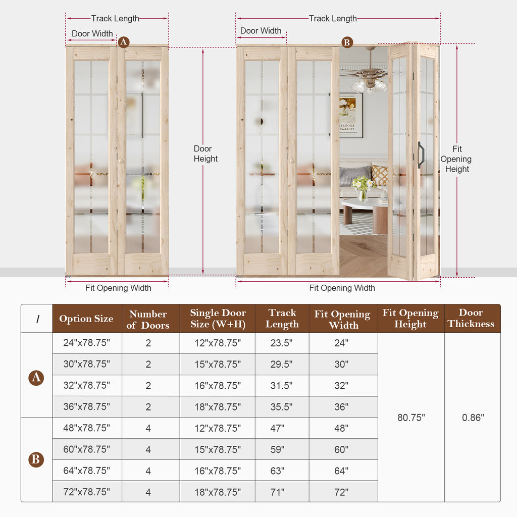 Solid Wood Glass Unfinished Bi-Fold Door With Installation Hardware Kit