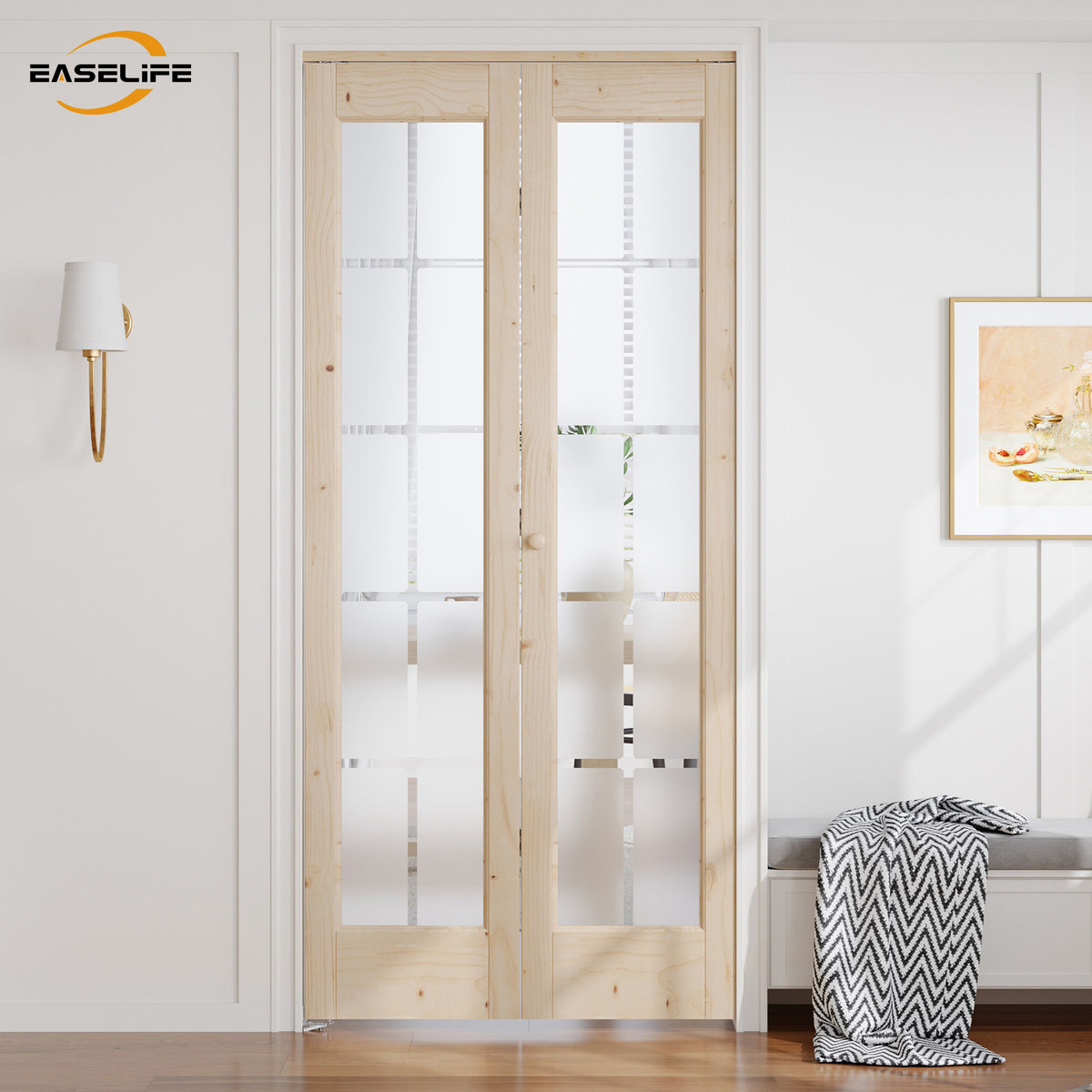 Solid Wood Glass Unfinished Bi-Fold Door With Installation Hardware Kit