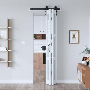 EaseLife 30"x84" Bifold Frosted Glass Barn Door – Modern Double Panel with Hardware Kit, Space-Saving Folding Design for Interior Use