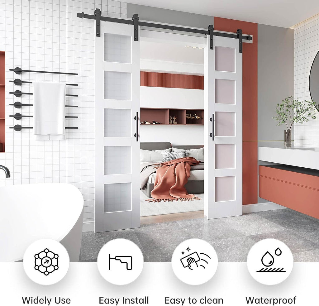 EaseLife Glass Barn Door with Sliding Door Hardware Kit Included & Handle,Solid LVL Wood Covered with Water-Proof & Scratch-Resistant PVC Surface,DIY Assembly,5-Panel Glass,White
