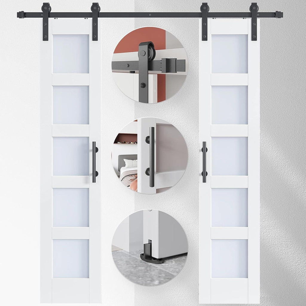 EaseLife Glass Barn Door with Sliding Door Hardware Kit Included & Handle,Solid LVL Wood Covered with Water-Proof & Scratch-Resistant PVC Surface,DIY Assembly,5-Panel Glass,White