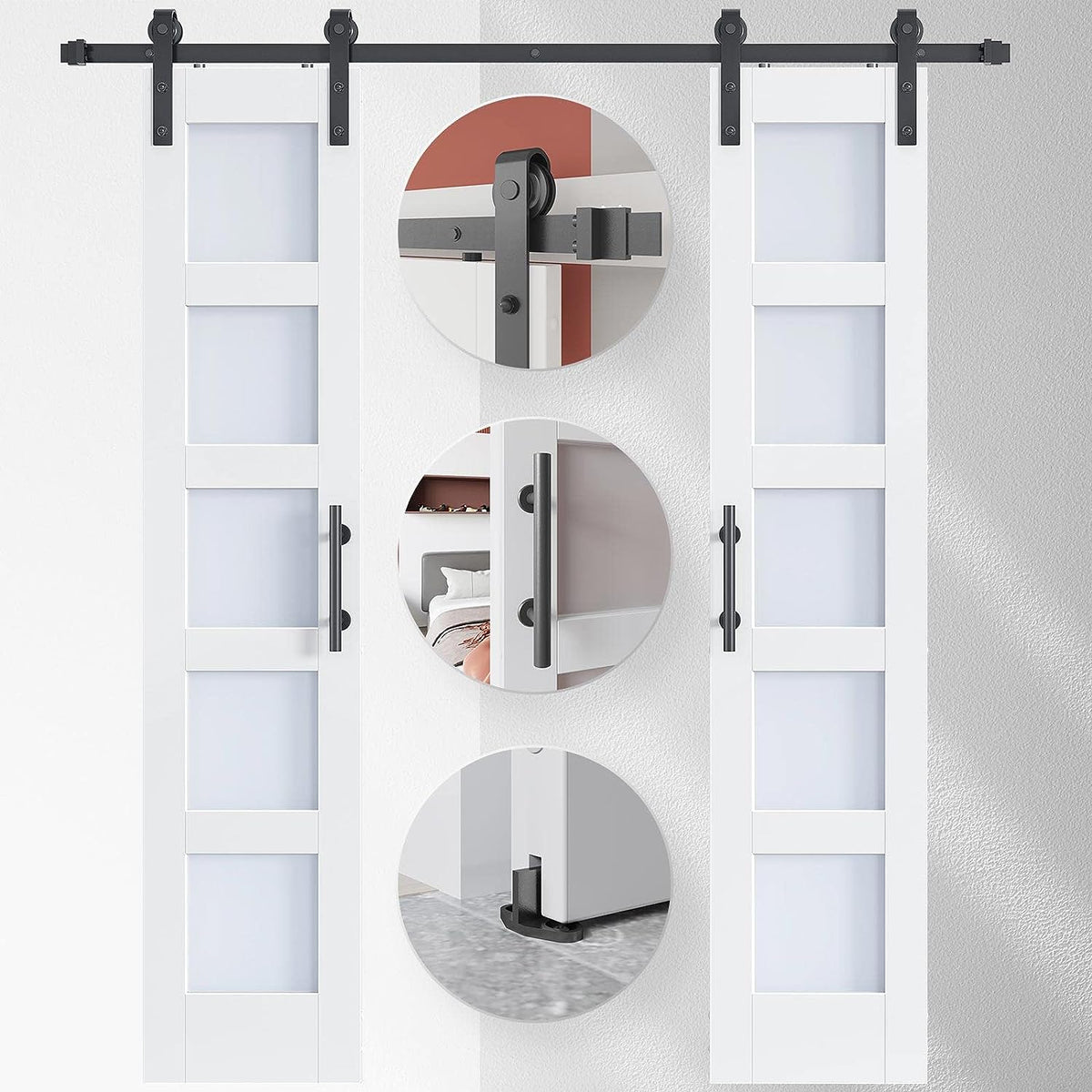 EaseLife Glass Barn Door with Sliding Door Hardware Kit Included & Handle,Solid LVL Wood Covered with Water-Proof & Scratch-Resistant PVC Surface,DIY Assembly,5-Panel Glass,White