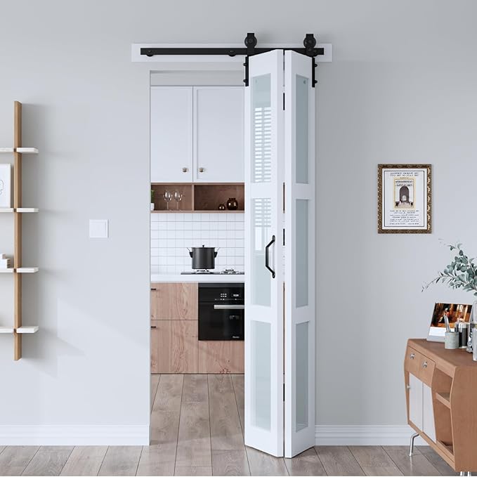 EaseLife 30"x84" Bifold Frosted Glass Barn Door – Modern Double Panel with Hardware Kit, Space-Saving Folding Design for Interior Use