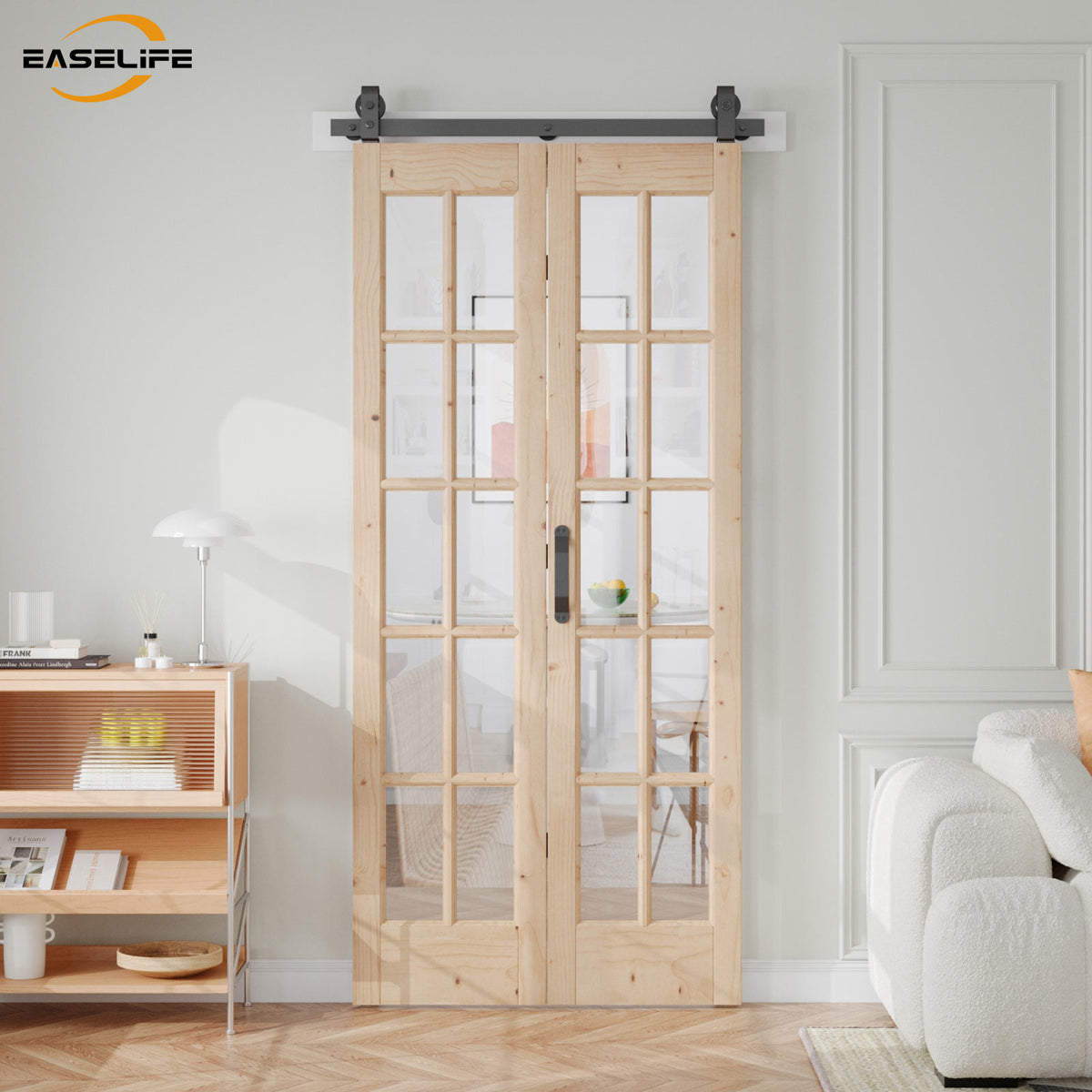 Easelife 42in x 84in(Double 21x84inch) Bifold French Glass Door,Sliding Folding Barn Doors with 3.8FT Hardware Track kit Included,Preassembled,Easy Install