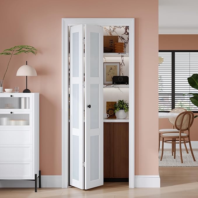 EaseLife Preassembled Bi-Fold Doors, for 30"x 80" Opening,Tempered Frosted Glass Closet Folding Barn Door with Concealed Hardware Kit,MDF Wood Panel,Water-Proof PVC Surface,Easy Installation
