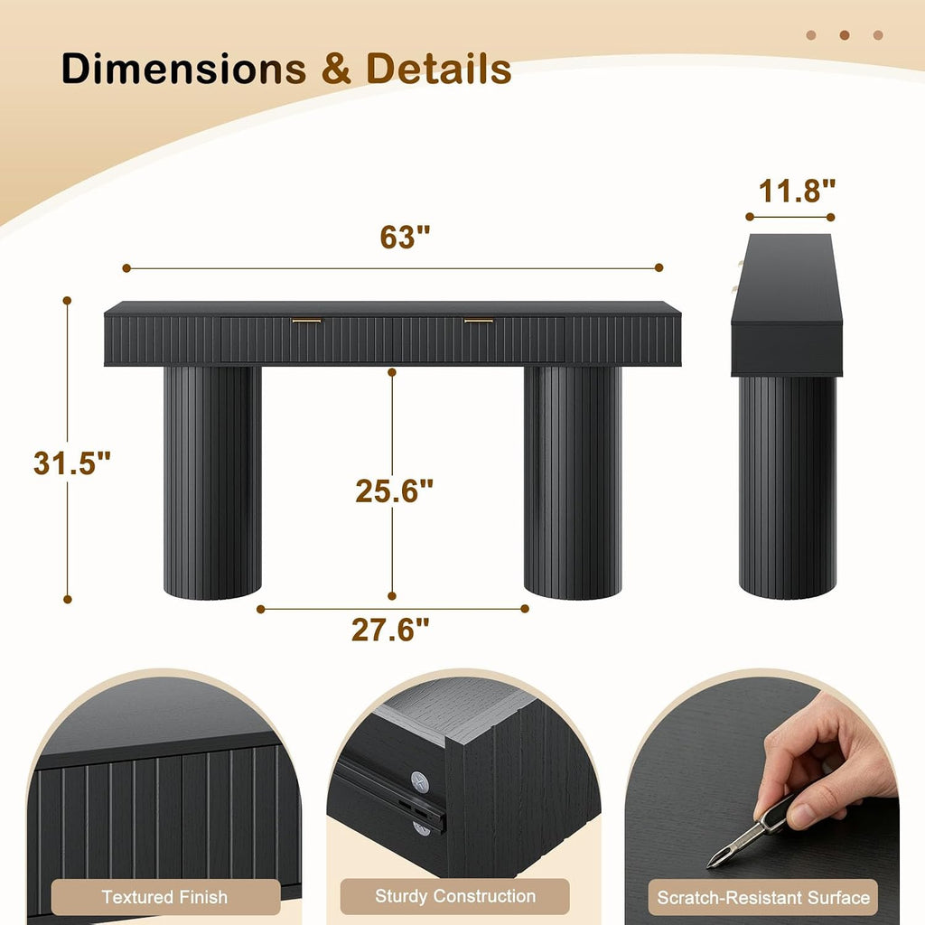 63 Inch Black Console Table with Drawers, Modern Fluted Entryway Table, Long Narrow Sofa Table for Hallway Living Room, Sturdy Cylindrical Legs, 220 lbs Capacity