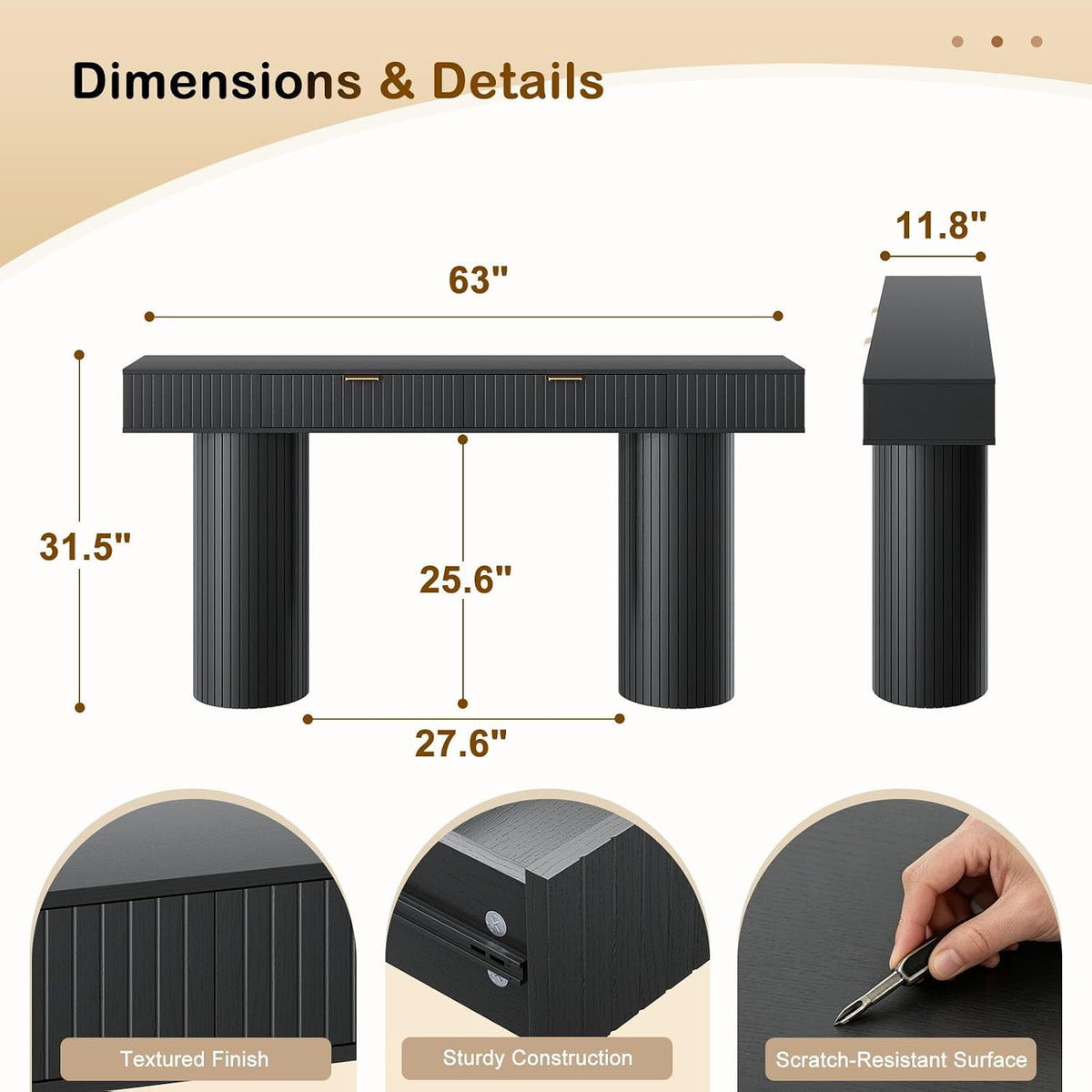 63 Inch Black Console Table with Drawers, Modern Fluted Entryway Table, Long Narrow Sofa Table for Hallway Living Room, Sturdy Cylindrical Legs, 220 lbs Capacity