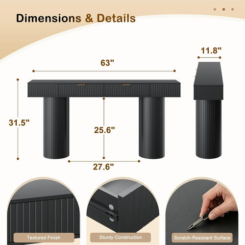 63 Inch Black Console Table with Drawers, Modern Fluted Entryway Table, Long Narrow Sofa Table for Hallway Living Room, Sturdy Cylindrical Legs, 220 lbs Capacity