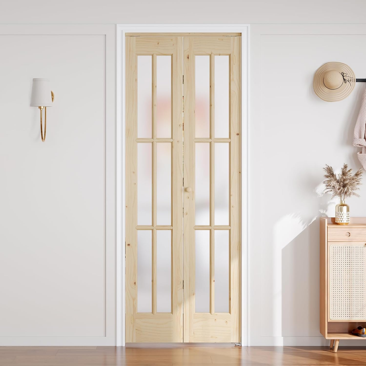 30"x 80" (Double 15" x 80") Bifold Barn Door, Tempered Frosted Glass Bifold Closet Door with 2.5FT Concealed Hardware Kit, Preassembled French Bifold Wood Door, Easy to Assemble,DIY Coloring