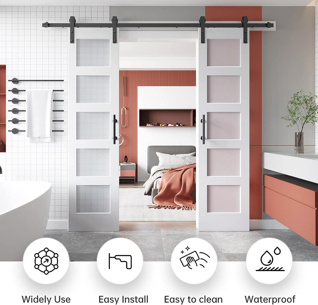 EaseLife Glass Barn Door with Sliding Door Hardware Kit Included & Handle,Solid LVL Wood Covered with Water-Proof & Scratch-Resistant PVC Surface,DIY Assembly,5-Panel Glass,White
