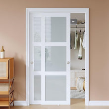 Load image into Gallery viewer, EaseLife Bypass Sliding Closet Doors – Frosted Glass Panels with Hardware Kit, Preassembled White MDF Barn Doors