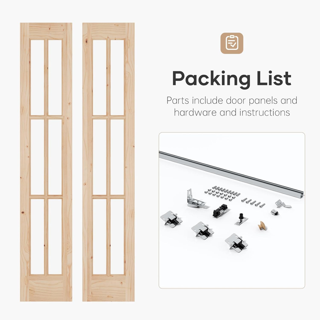 30"x 80" (Double 15" x 80") Bifold Barn Door, Tempered Frosted Glass Bifold Closet Door with 2.5FT Concealed Hardware Kit, Preassembled French Bifold Wood Door, Easy to Assemble,DIY Coloring