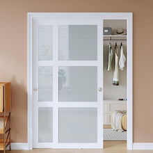 Load image into Gallery viewer, EaseLife Bypass Sliding Closet Doors – Frosted Glass Panels with Hardware Kit, Preassembled White MDF Barn Doors
