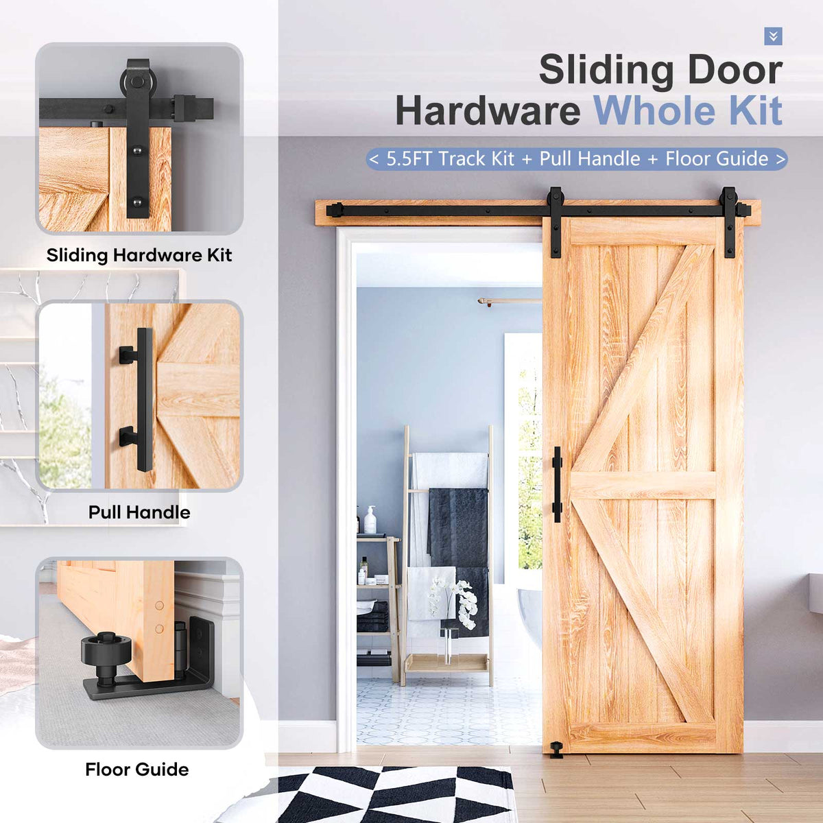 EaseLife Sliding Barn Door Hardware Track Kit with 12'' Handle & Floor Guide