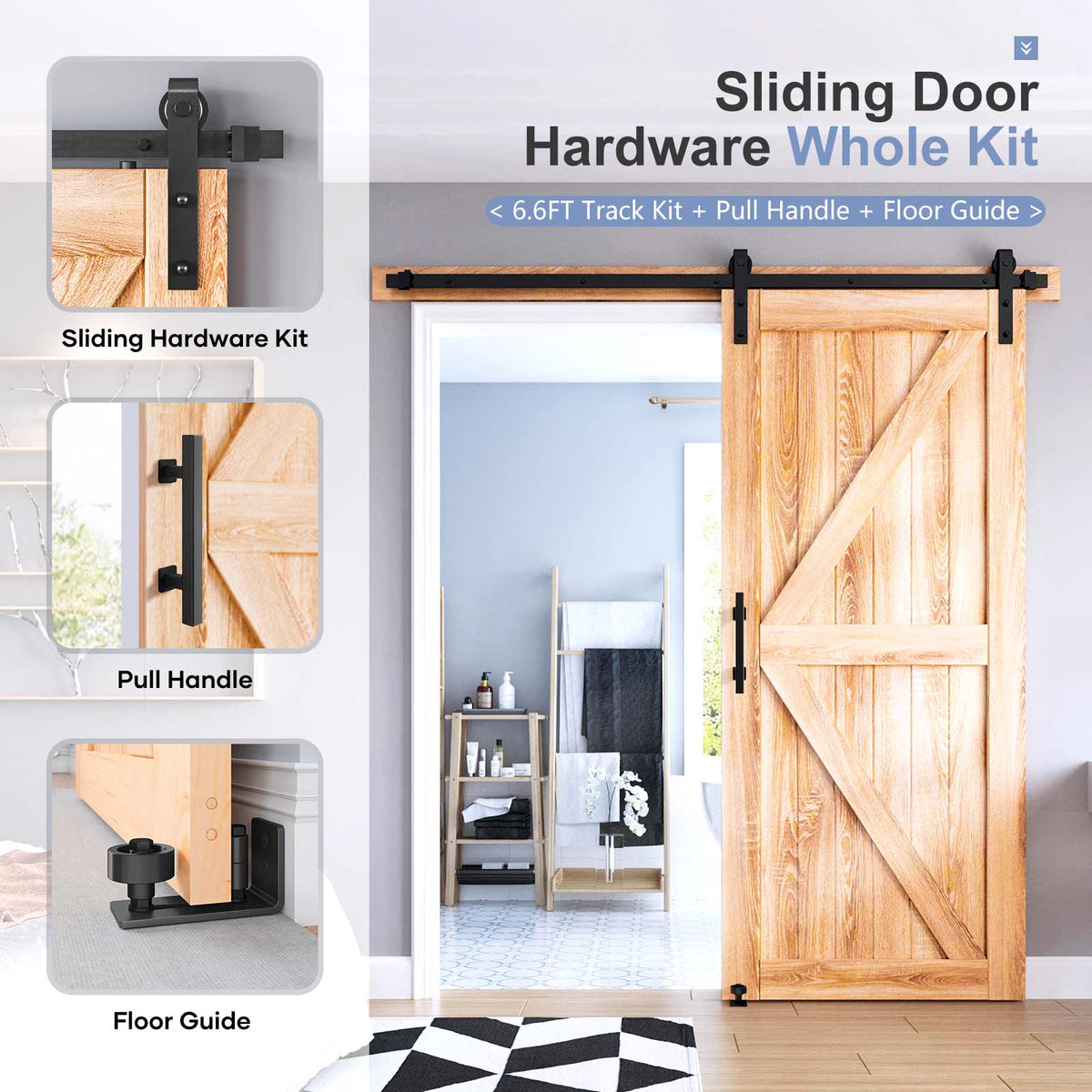 EaseLife Sliding Barn Door Hardware Track Kit with 12'' Handle & Floor Guide