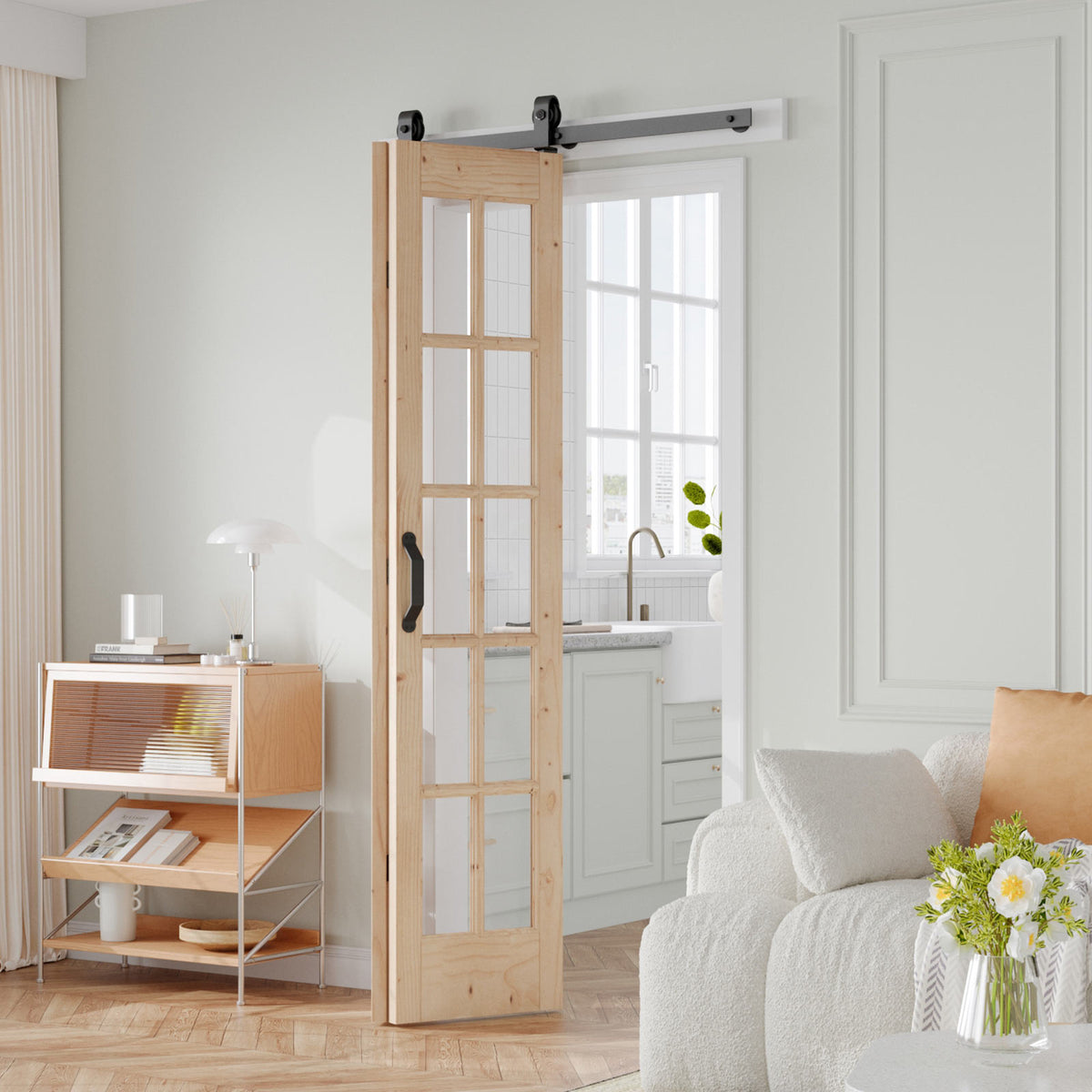 Easelife 42in x 84in(Double 21x84inch) Bifold French Glass Door,Sliding Folding Barn Doors with 3.8FT Hardware Track kit Included,Preassembled,Easy Install