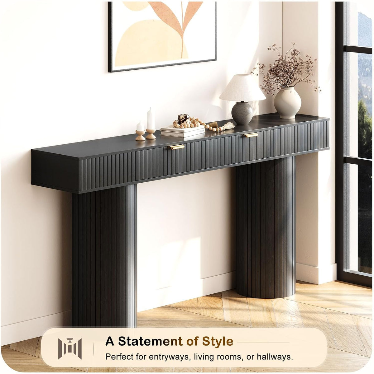 63 Inch Black Console Table with Drawers, Modern Fluted Entryway Table, Long Narrow Sofa Table for Hallway Living Room, Sturdy Cylindrical Legs, 220 lbs Capacity