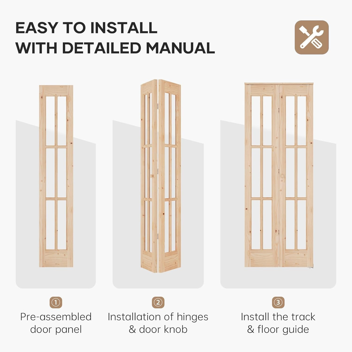 30"x 80" (Double 15" x 80") Bifold Barn Door, Tempered Frosted Glass Bifold Closet Door with 2.5FT Concealed Hardware Kit, Preassembled French Bifold Wood Door, Easy to Assemble,DIY Coloring