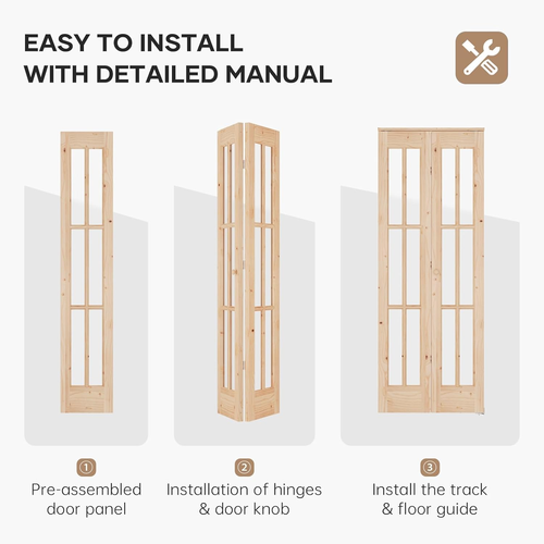 30"x 80" (Double 15" x 80") Bifold Barn Door, Tempered Frosted Glass Bifold Closet Door with 2.5FT Concealed Hardware Kit, Preassembled French Bifold Wood Door, Easy to Assemble,DIY Coloring