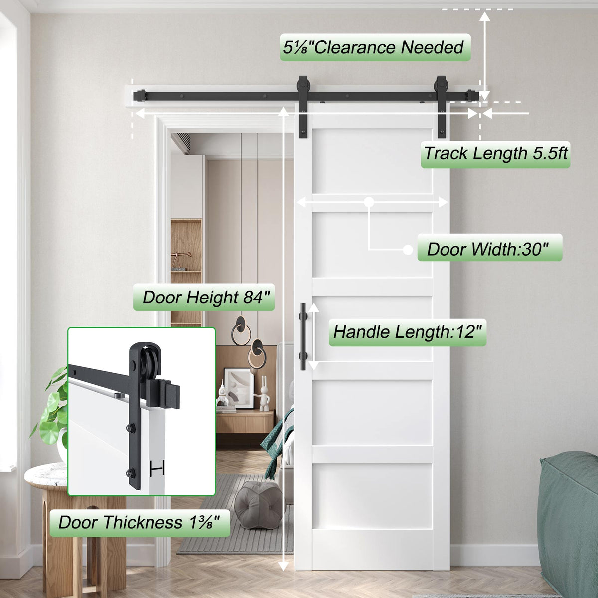 White Barn Door with Sliding Door Hardware Kit Included & Handle,Solid PVC Surface,DIY Assembly,5-Panel