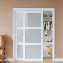 Load image into Gallery viewer, EaseLife Bypass Sliding Closet Doors – Frosted Glass Panels with Hardware Kit, Preassembled White MDF Barn Doors