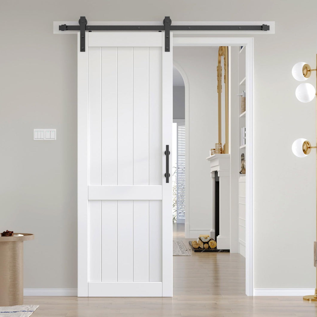 White Barn Door with Sliding Door Hardware Track Kit Included,Solid MDF Wood Slab Covered with Water-Proof & Scratch-Resistant PVC Surface,DIY Assembly,Easy Install,H-Frame