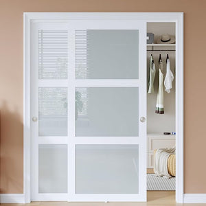 EaseLife Bypass Sliding Closet Doors – Frosted Glass Panels with Hardware Kit, Preassembled White MDF Barn Doors