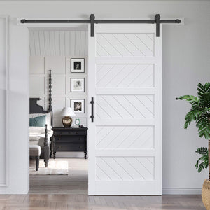 White Barn Door with Sliding Door Hardware Track Kit Included,Solid MDF Wood Slab Covered with Water-Proof & Scratch-Resistant PVC Surface,DIY Assembly,Easy Install,5-Panel