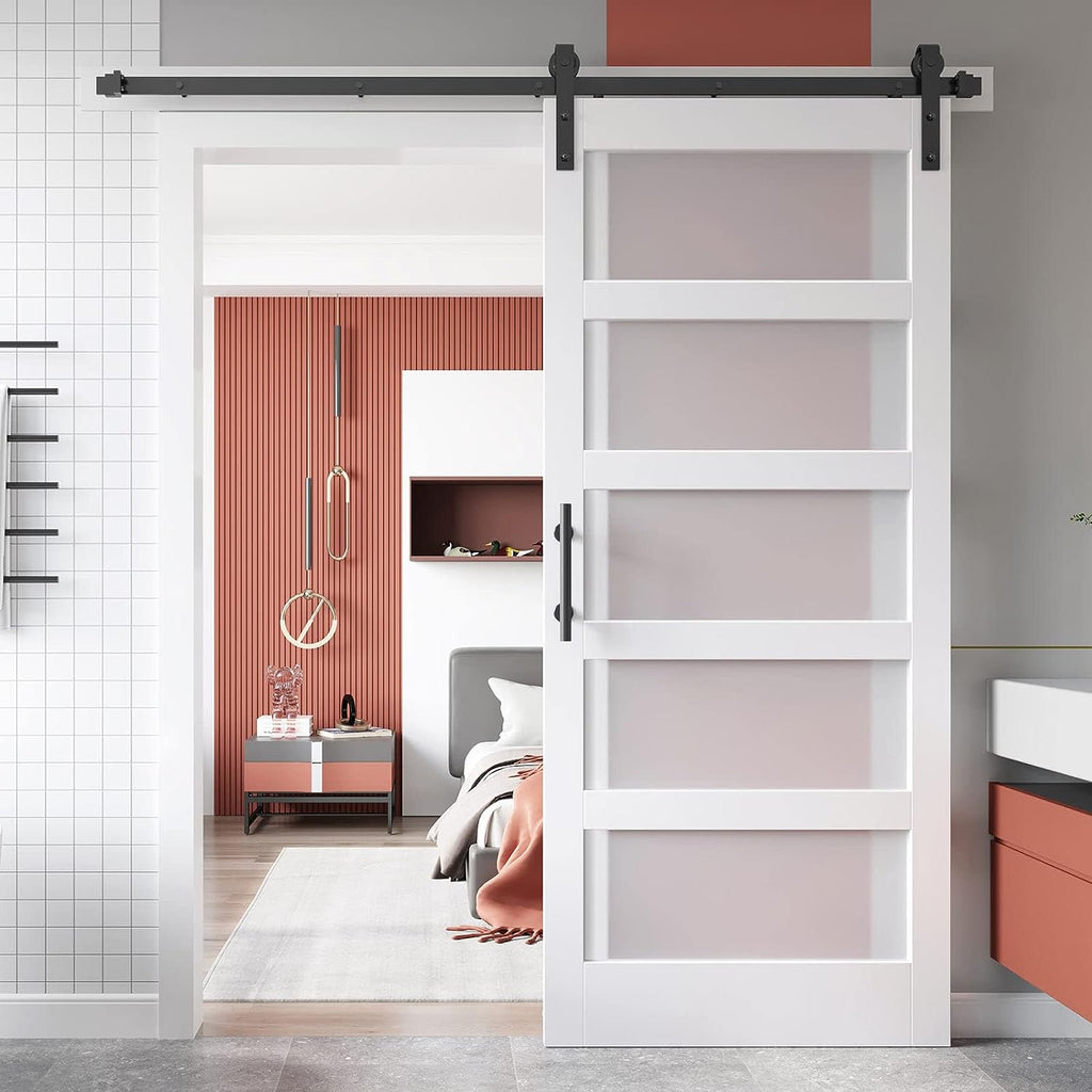 EaseLife Glass Barn Door with Sliding Door Hardware Kit Included & Handle,Solid LVL Wood Covered with Water-Proof & Scratch-Resistant PVC Surface,DIY Assembly,5-Panel Glass,White