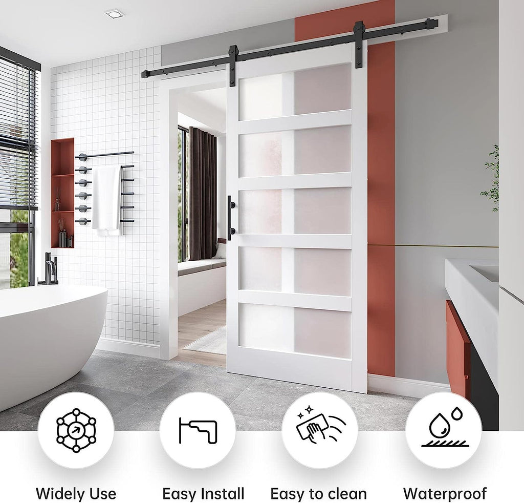 EaseLife Glass Barn Door with Sliding Door Hardware Kit Included & Handle,Solid LVL Wood Covered with Water-Proof & Scratch-Resistant PVC Surface,DIY Assembly,5-Panel Glass,White
