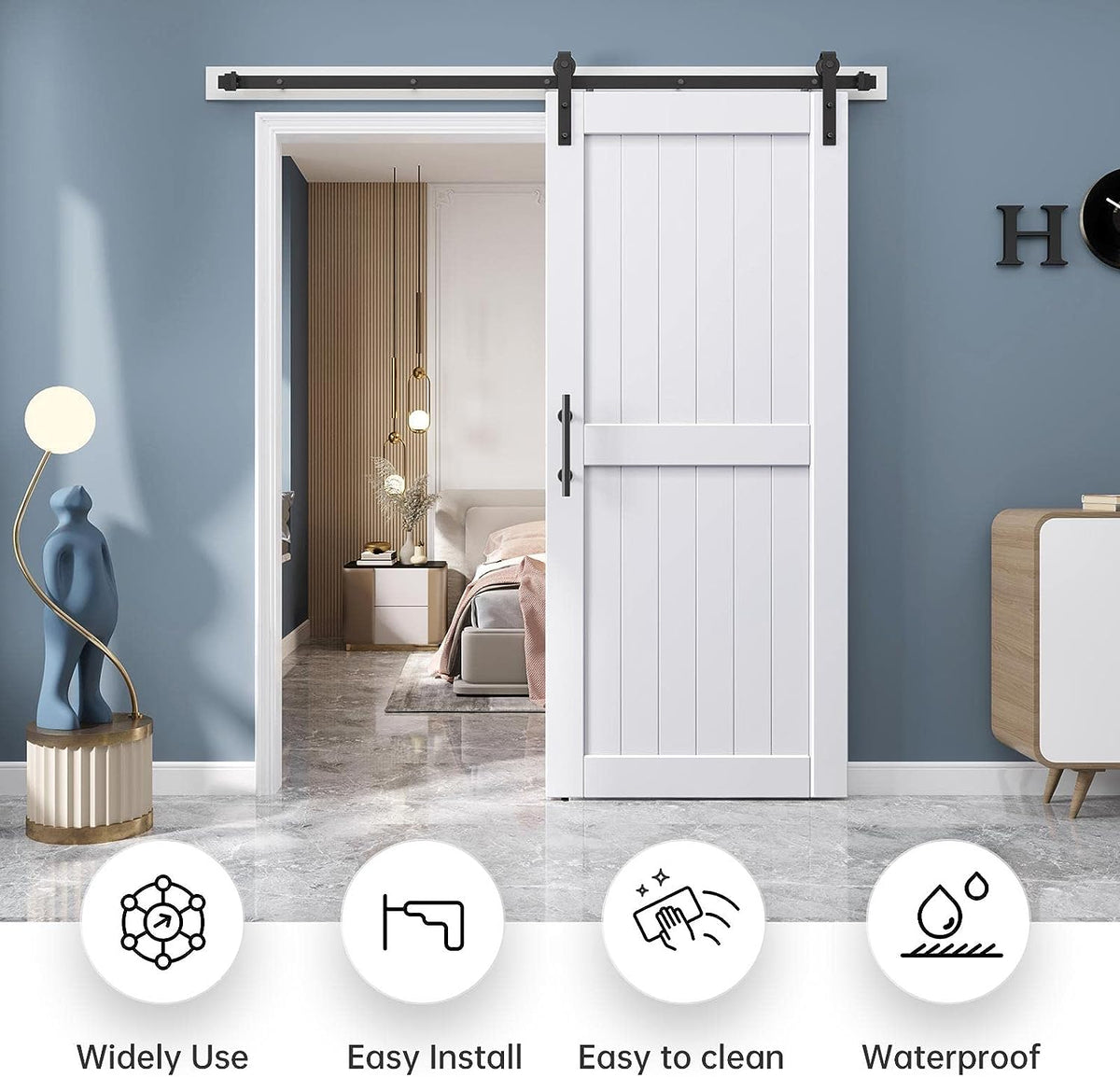 EaseLife Sliding Barn Door with Barn Door Hardware Track Kit Included,Solid LVL Wood Slab Covered with Water-Proof & Scratch-Resistant PVC Surface,DIY Assembly,Easy Install,White, H-Frame
