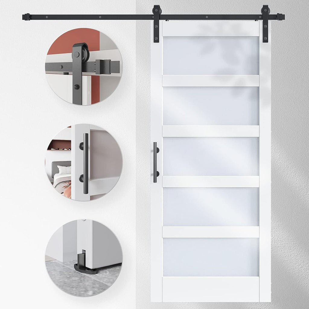 EaseLife Glass Barn Door with Sliding Door Hardware Kit Included & Handle,Solid LVL Wood Covered with Water-Proof & Scratch-Resistant PVC Surface,DIY Assembly,5-Panel Glass,White