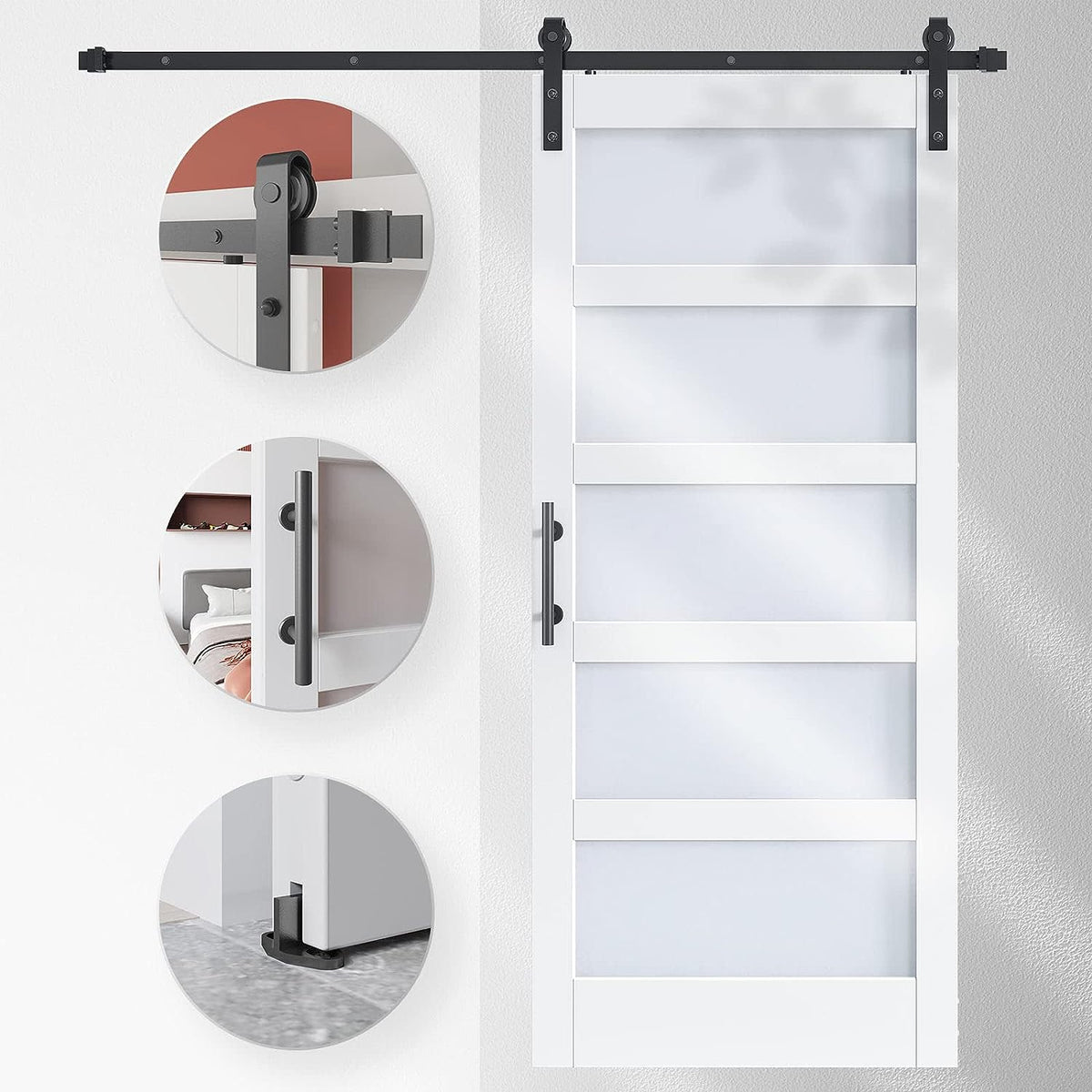 EaseLife Glass Barn Door with Sliding Door Hardware Kit Included & Handle,Solid LVL Wood Covered with Water-Proof & Scratch-Resistant PVC Surface,DIY Assembly,5-Panel Glass,White