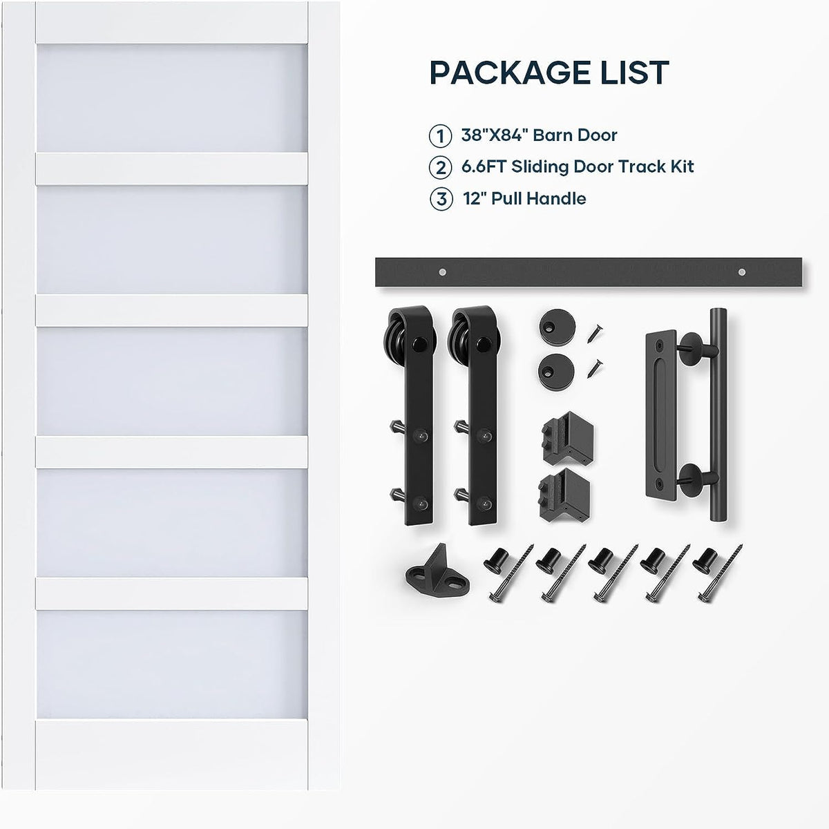 EaseLife Glass Barn Door with Sliding Door Hardware Kit Included & Handle,Solid LVL Wood Covered with Water-Proof & Scratch-Resistant PVC Surface,DIY Assembly,5-Panel Glass,White