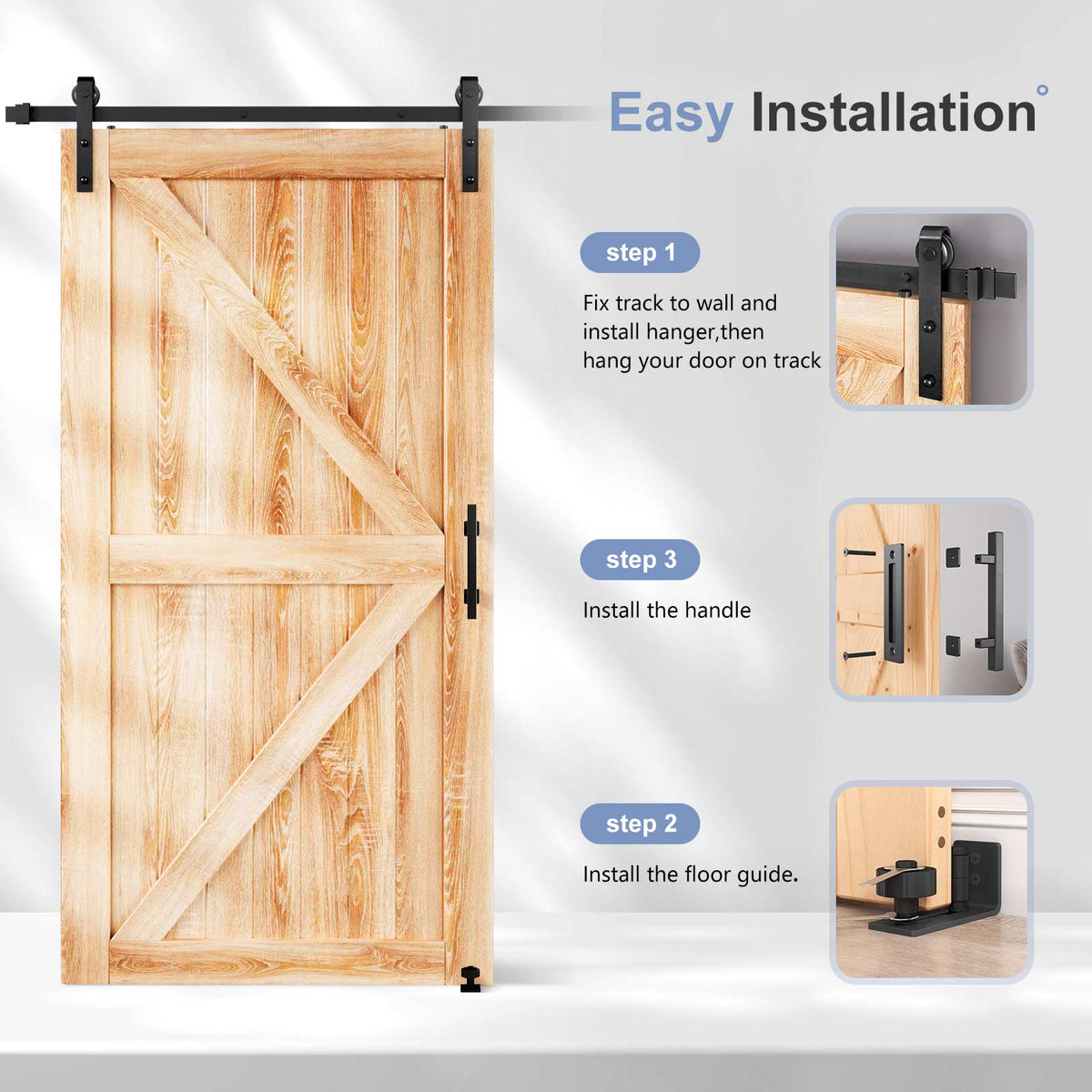 EaseLife Sliding Barn Door Hardware Track Kit with 12'' Handle & Floor Guide
