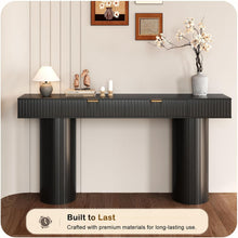 Load image into Gallery viewer, 63 Inch Black Console Table with Drawers, Modern Fluted Entryway Table, Long Narrow Sofa Table for Hallway Living Room, Sturdy Cylindrical Legs, 220 lbs Capacity