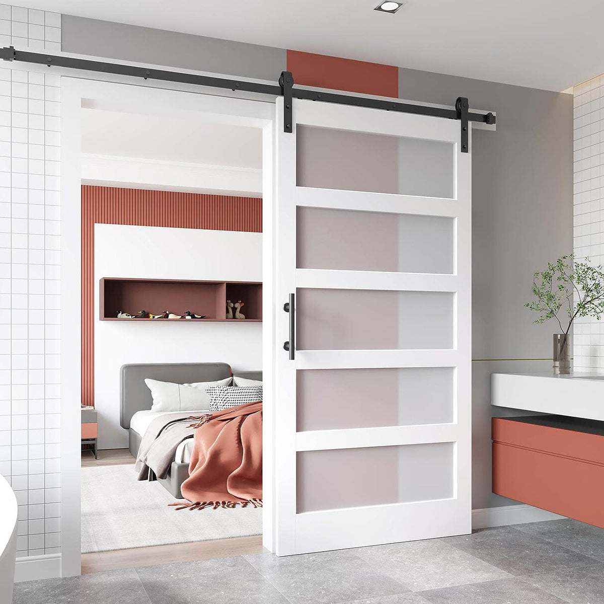 EaseLife Glass Barn Door with Sliding Door Hardware Kit Included & Handle,Solid LVL Wood Covered with Water-Proof & Scratch-Resistant PVC Surface,DIY Assembly,5-Panel Glass,White