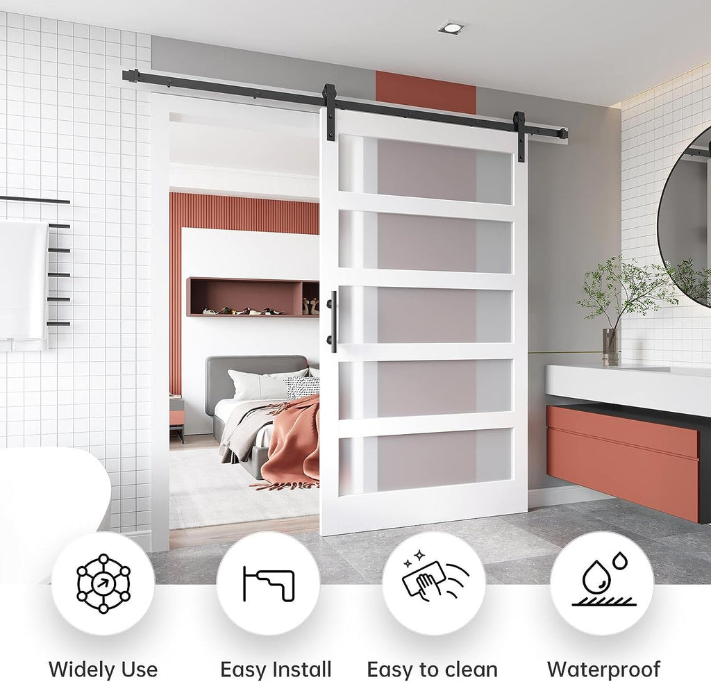 EaseLife Glass Barn Door with Sliding Door Hardware Kit Included & Handle,Solid LVL Wood Covered with Water-Proof & Scratch-Resistant PVC Surface,DIY Assembly,5-Panel Glass,White