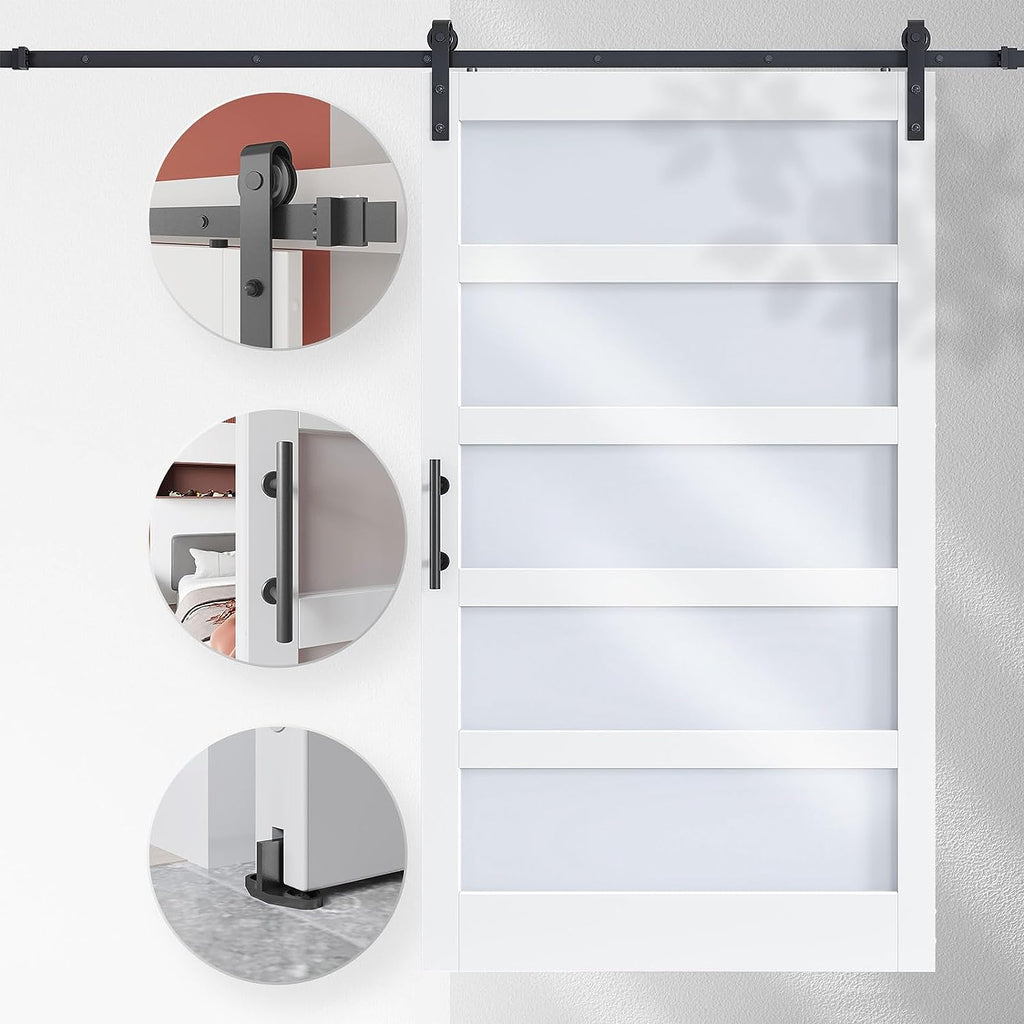 EaseLife Glass Barn Door with Sliding Door Hardware Kit Included & Handle,Solid LVL Wood Covered with Water-Proof & Scratch-Resistant PVC Surface,DIY Assembly,5-Panel Glass,White