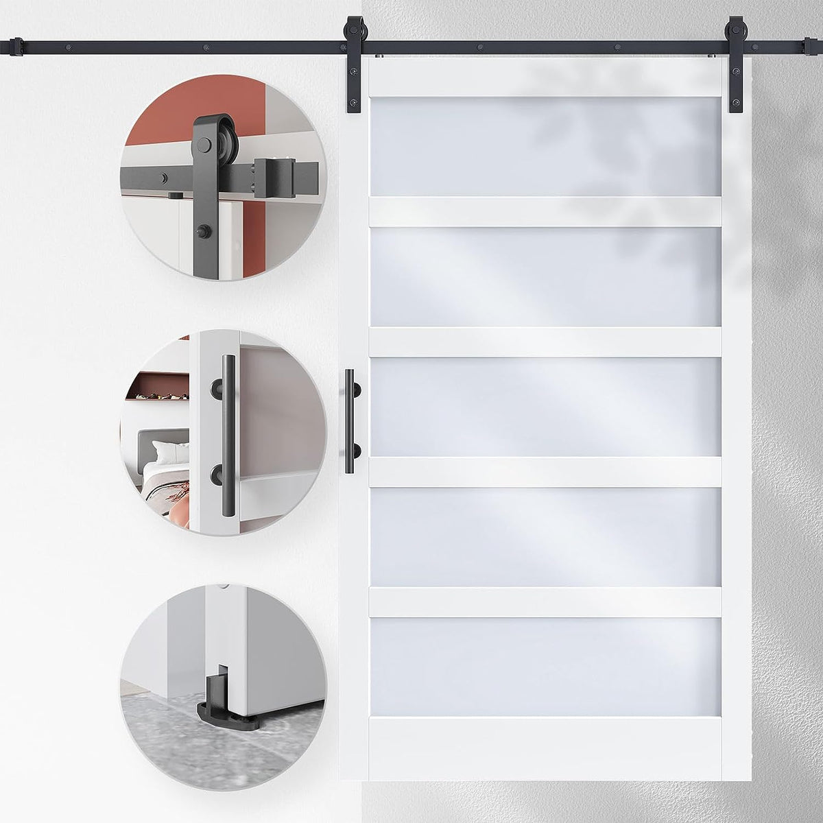 EaseLife Glass Barn Door with Sliding Door Hardware Kit Included & Handle,Solid LVL Wood Covered with Water-Proof & Scratch-Resistant PVC Surface,DIY Assembly,5-Panel Glass,White