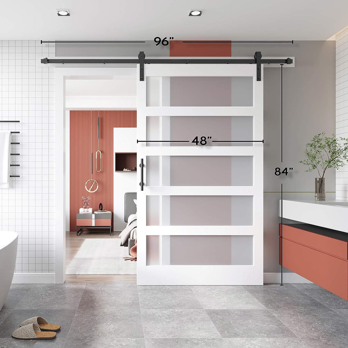 EaseLife Glass Barn Door with Sliding Door Hardware Kit Included & Handle,Solid LVL Wood Covered with Water-Proof & Scratch-Resistant PVC Surface,DIY Assembly,5-Panel Glass,White